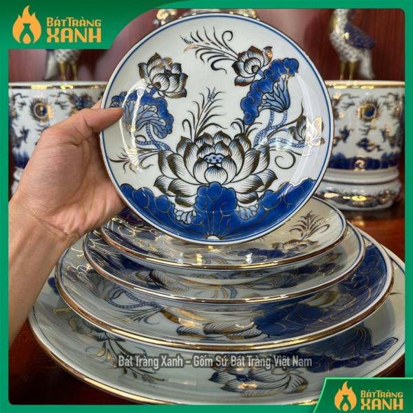 Mâm bồng sứ Bát Tràng Cao Cấp men trắng, men lam vẽ vàng 24k Mâm bồng sứ Bát Tràng Cao Cấp men trắng, men lam vẽ vàng 24k