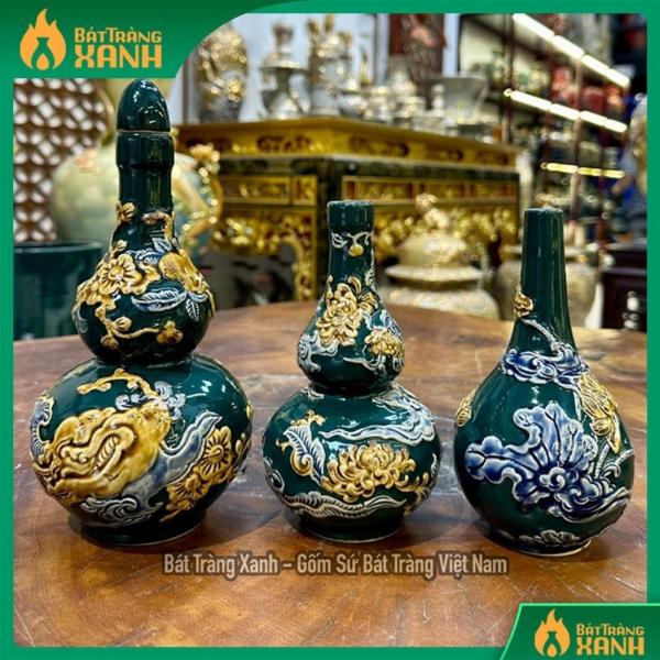 Nậm Rượu Thờ Cúng, Nậm Rượu 1 Bầu/ 2 Bầu,  Men Xanh Lục Bảo đắp nổi Nậm Rượu Thờ Cúng, Nậm Rượu 1 Bầu/ 2 Bầu,  Men Xanh Lục Bảo đắp nổi