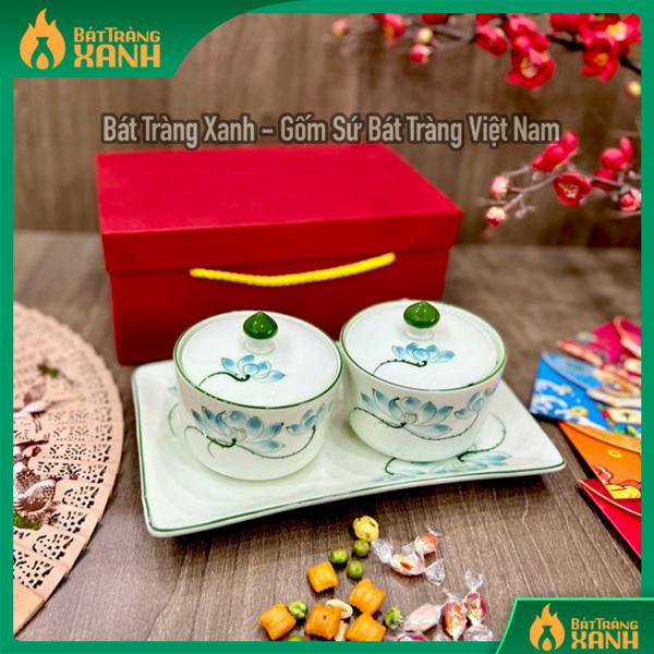 Sét hũ đôi đựng mứt tết hoa sen xanh Sét hũ đôi đựng mứt tết hoa sen xanh