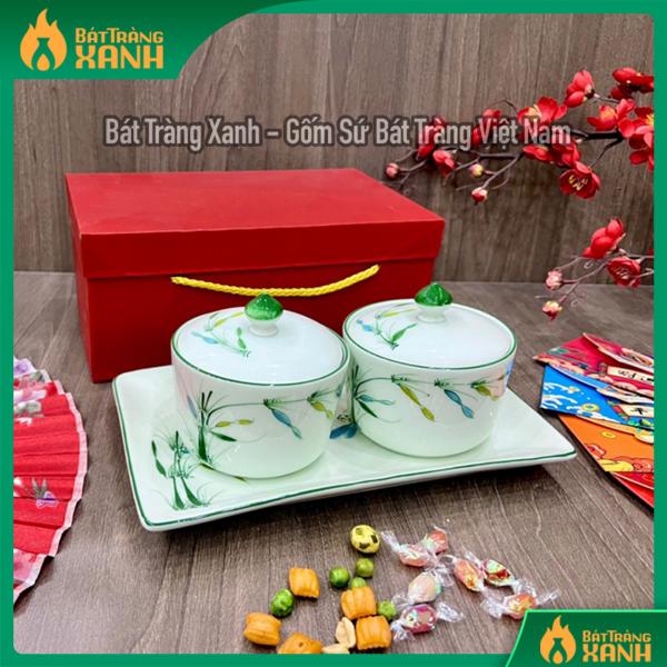 Sét hũ đôi đựng mứt tết vẽ trúc chuồn Sét hũ đôi đựng mứt tết vẽ trúc chuồn