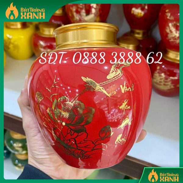 Bình Đựng Trà Vẽ Hoa Sen Vinh Hoa Phú Quý Men Đỏ  Bình Đựng Trà Vẽ Hoa Sen Vinh Hoa Phú Quý Men Đỏ