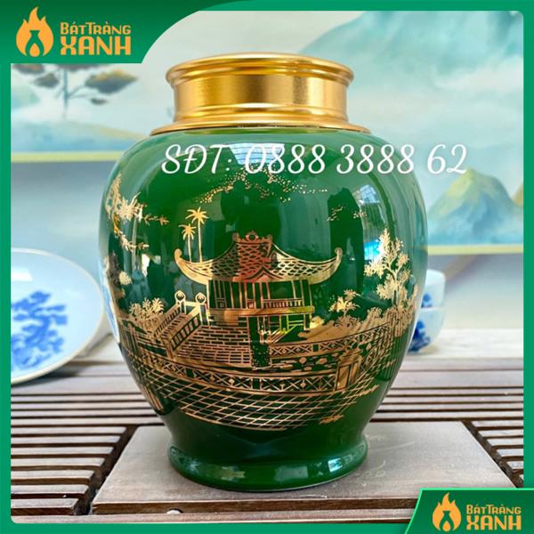 Bình Đựng Trà Xanh Lá Vẽ Cảnh Chùa Một Cột  Bình Đựng Trà Xanh Lá Vẽ Cảnh Chùa Một Cột