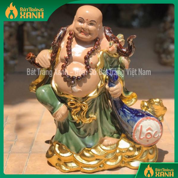Tượng sứ Di Lặc kéo túi lộc S2 dát vàng cao 40cm Tượng sứ Di Lặc kéo túi lộc S2 dát vàng cao 40cm